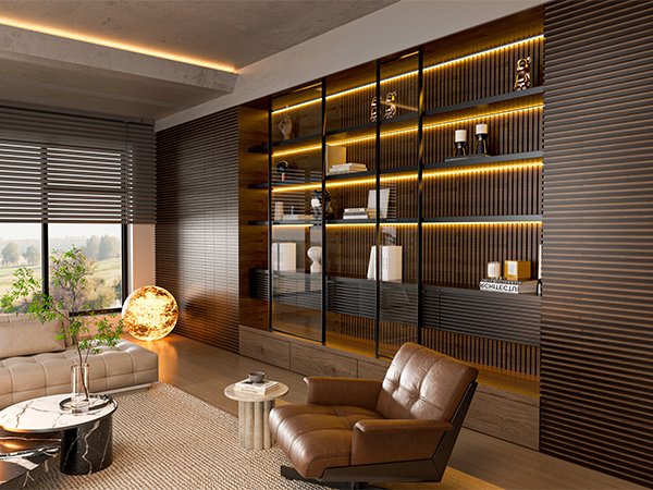 Modern living room with illuminated wooden shelving unit, leather armchair, and decorative elements. Features warm lighting and a large window with views outside.