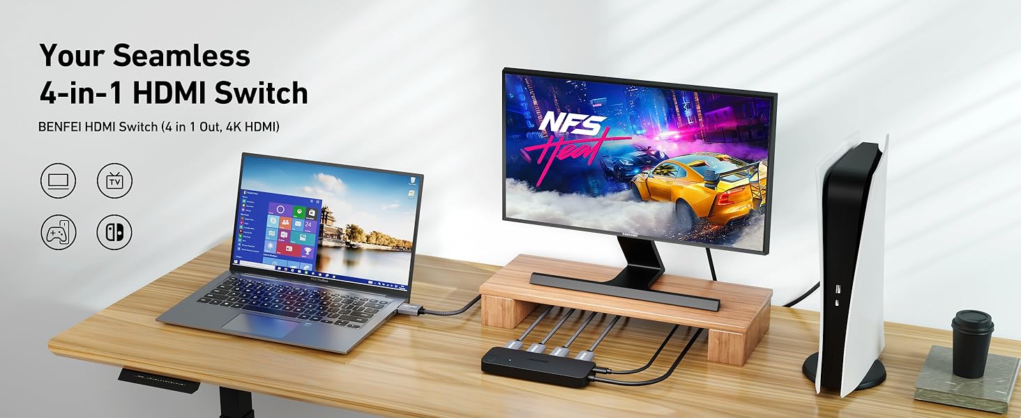 HDMI switch setup with laptop and monitor on wooden desk. Product enables seamless 4-in-1 HDMI switching between devices, as indicated by on-screen text.