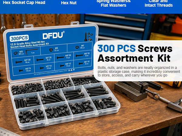 DFDU 300PCS 12.9 Grade Alloy Steel M5 Hex Socket Head Bolts Assortment Kit