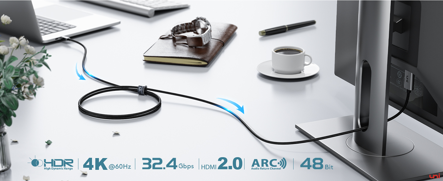 Desk setup with laptop, coffee cup, and black cable. Text overlay lists technical specifications including '4K', '32.4Gbps', and 'ARC'.