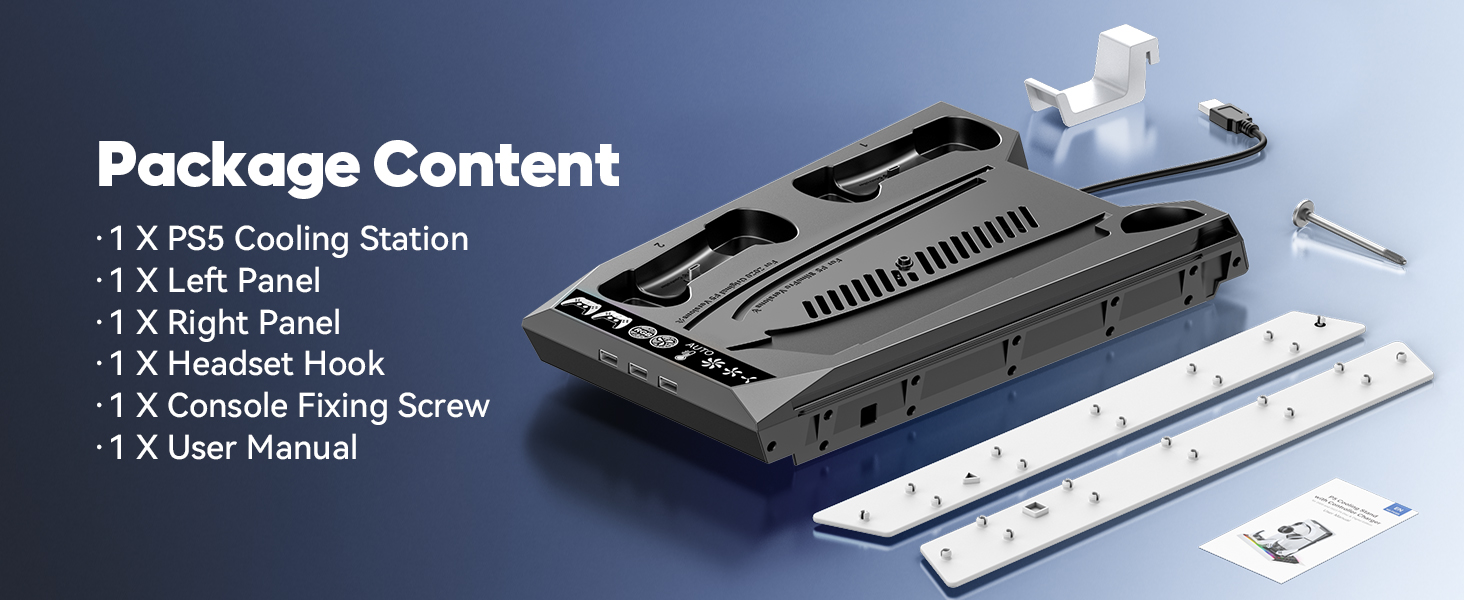 Package contents for PS5 cooling station, including main unit, right panel, flexible hook, screws, and user manual.