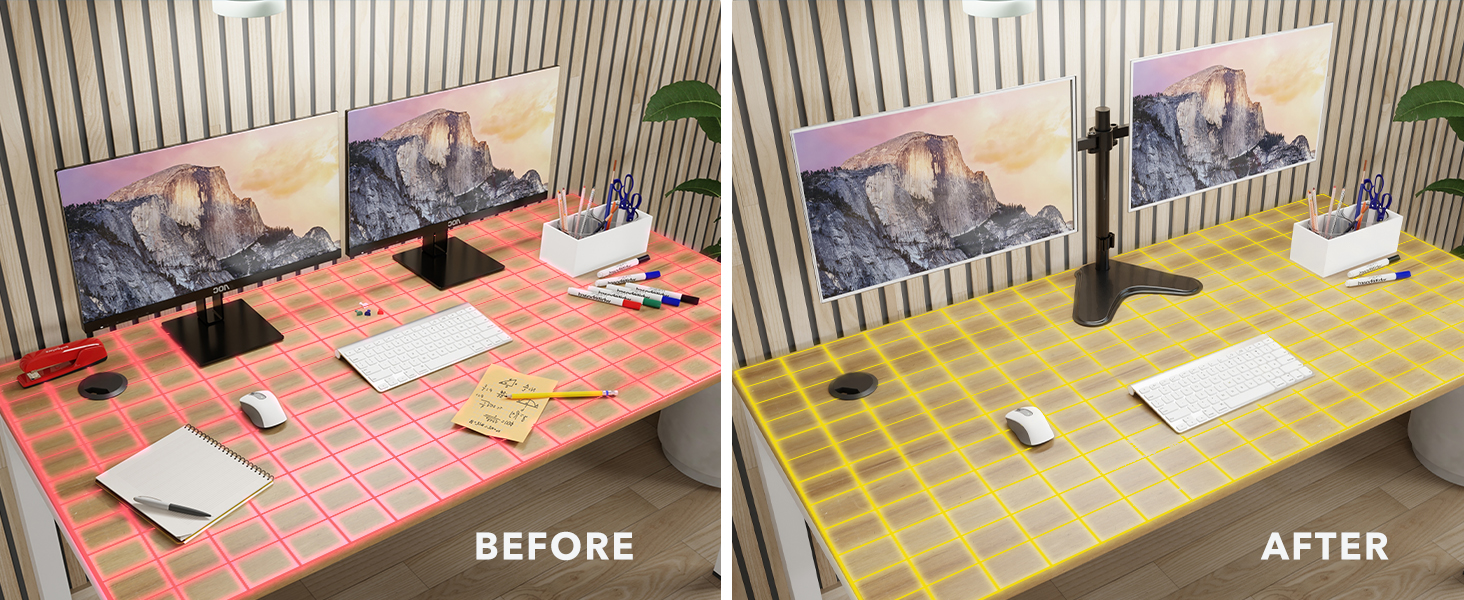 image of a desk showing before and after using this dual monitor mount