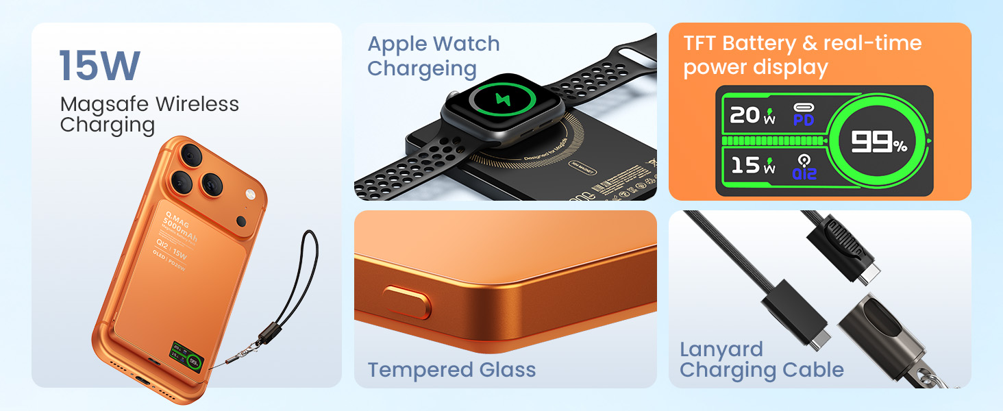 15W Magnetic Wireless Charging iWatch Charging TFT Battery real-time power display Lanyard cable