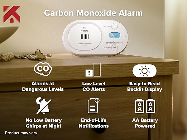 Kidde AA battery CO alarm with low-level alerts sitting on table, features icons overlay, mobile