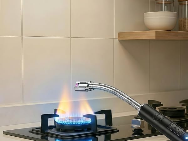 Electric arc lighter igniting a kitchen gas stove with flexible long neck design