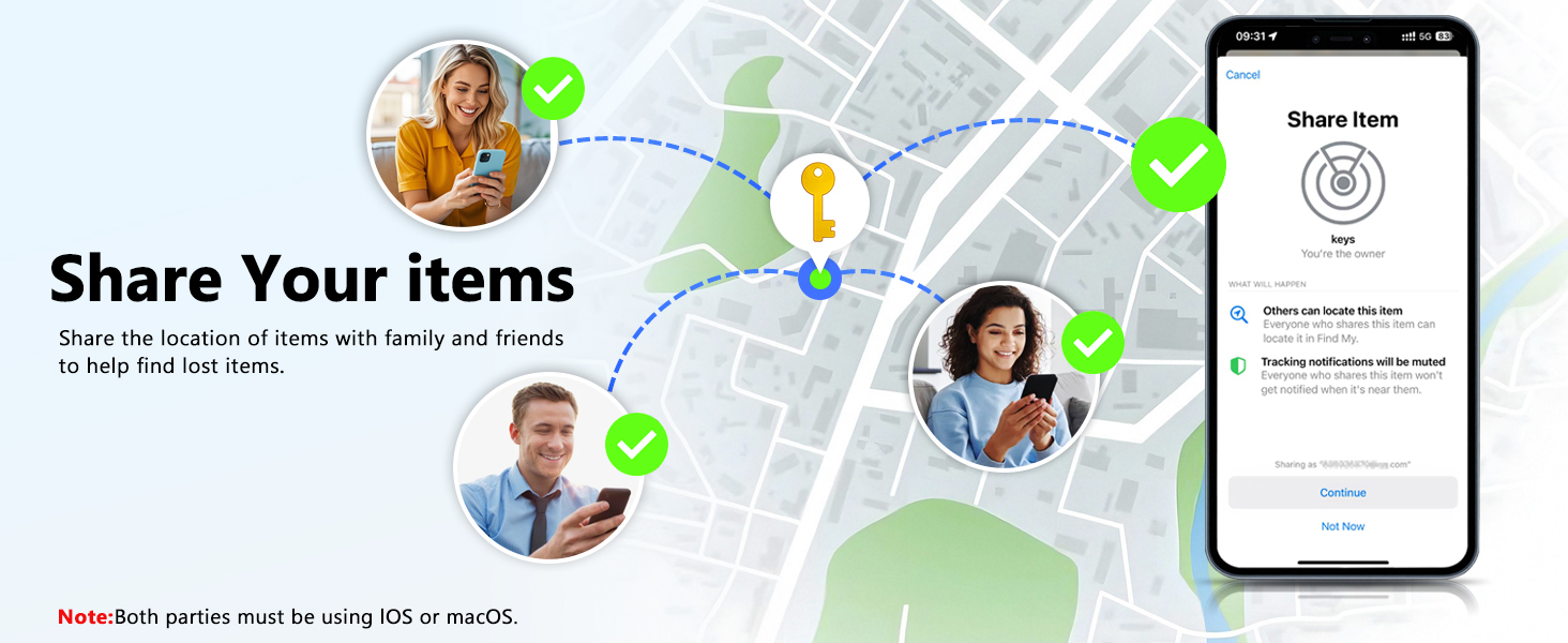 Text reads 'Share Your Items' and 'Robust konstruiert innen wie außen'. Mobile app interface mockups showing map-based item sharing functionality with user profile icons and location markers.