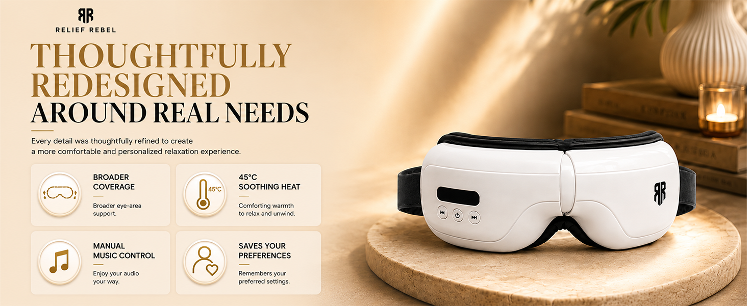 Relief Rebel eye massager with broader coverage, 45°C heat, manual music and saved settings
