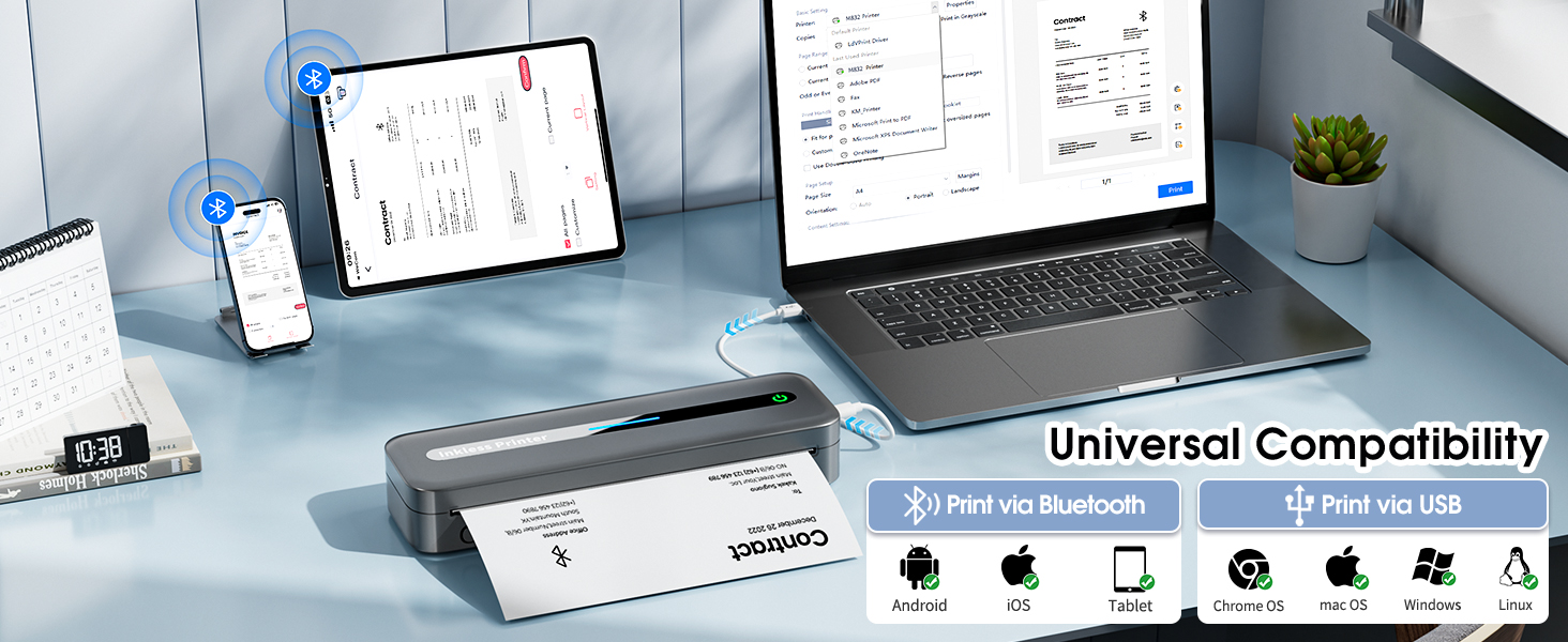 portable printers wireless for travel thermal bluetooth inkless 300dpi M832 phone laptop compact