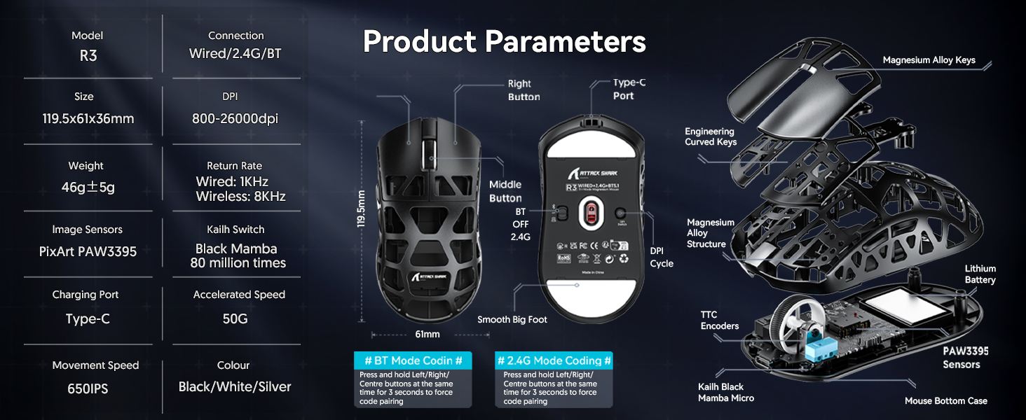 Lightweight Hollowed-Out Design Wireless Gaming Mouse, Magnesium Alloy MMO Gaming Mice