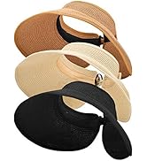 MEINICY 3PCS Foldable Straw Sun Visor Hats for Women, Wide Brim Ponytail Summer Beach Hat, Protec...
