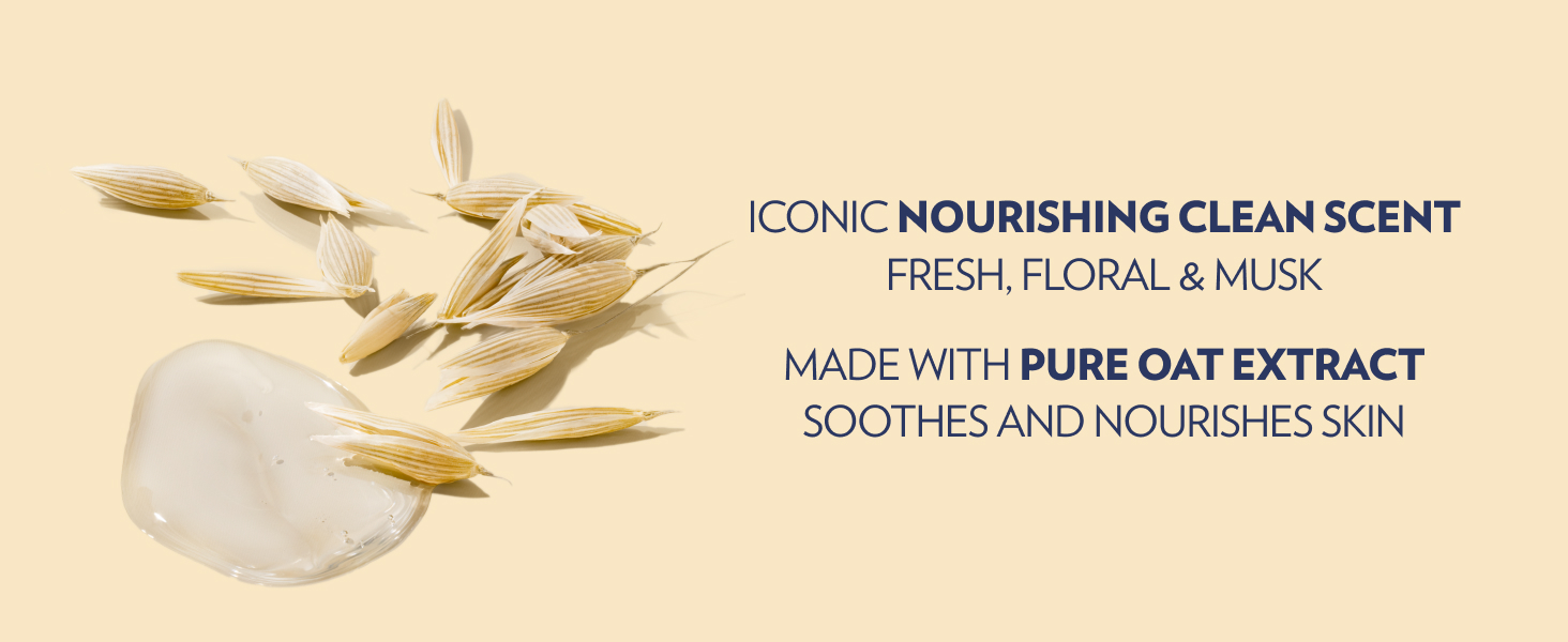 Pure oat extract and oat seeds next to text about our iconic nourishing clean scent.