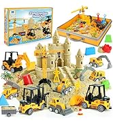 Sand Construction Site Kit - 37 Pcs Play Sand Art Kit with 8 Construction Trucks, Folding Sandbox...