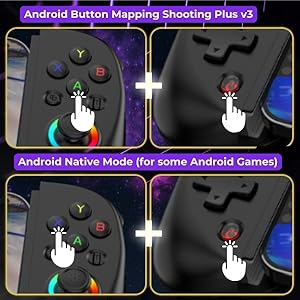 Four panels showing game controller button mapping. Demonstrates 'Android Button Mapping Shooting Plus v3' and 'Android Native Mode' with finger touch indicators on buttons.
