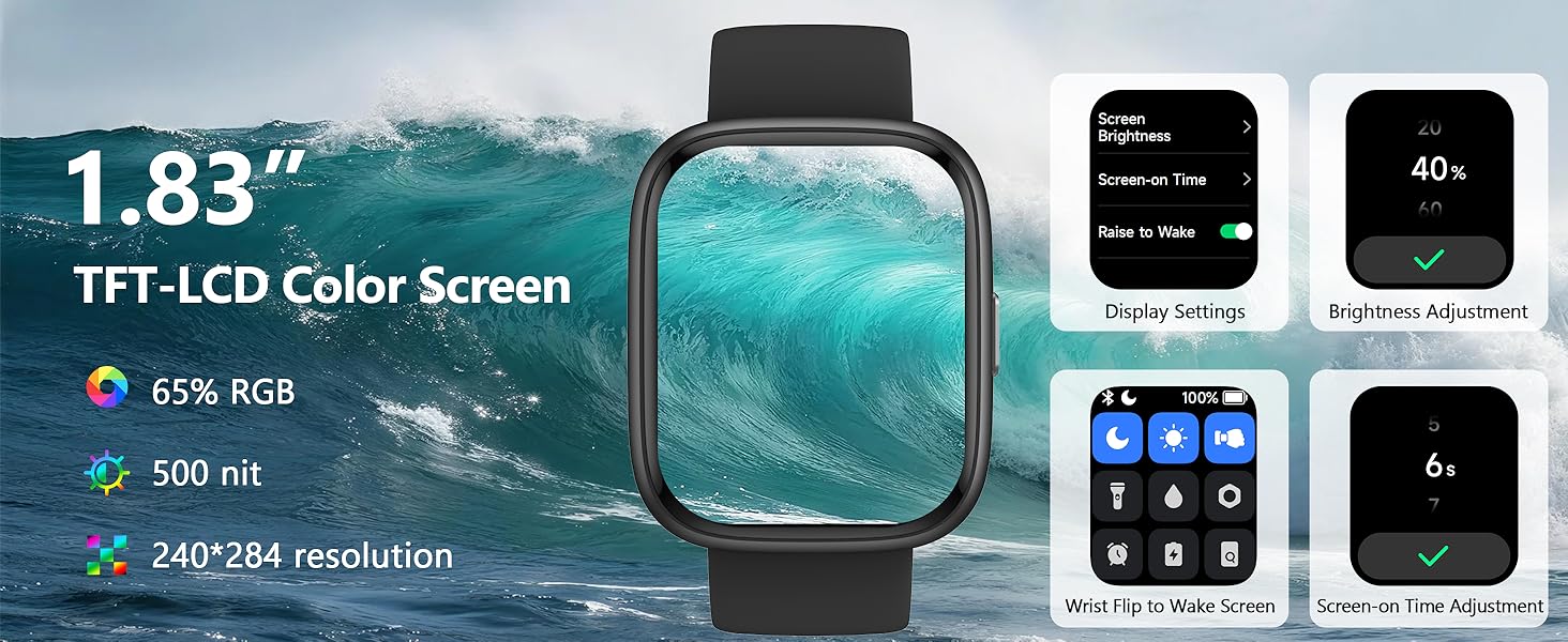 Text reads '1.83" Color Screen'. Product appears to be a smartwatch or fitness tracker interface displaying multiple screens with digital readouts and menu options.