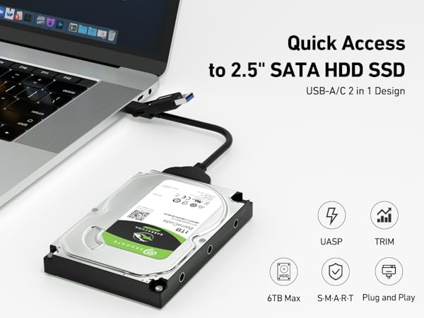 External hard drive enclosure connecting to laptop, featuring USB-A/C connectivity for 2.5" SATA HDD/SSD with technical specification icons.