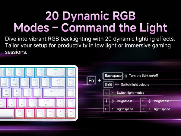 Text reads '20 Dynamic RGB' and 'Modes - Command the Light'. Shows RGB keyboard interface with colorful backlit keys and control settings interface.