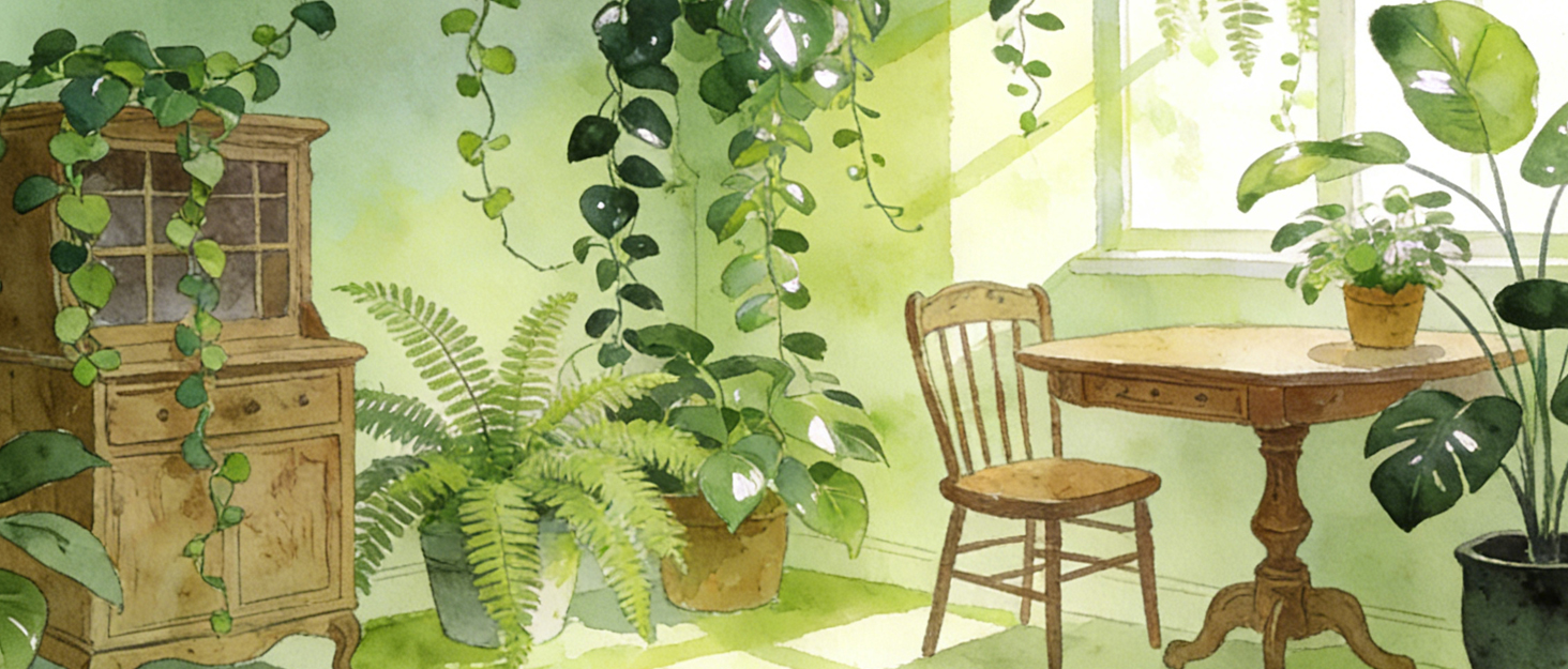Indoor garden room with wooden furniture, potted ferns, climbing ivy plants on walls, hanging greenery, natural bright lighting from window creating botanical living space.