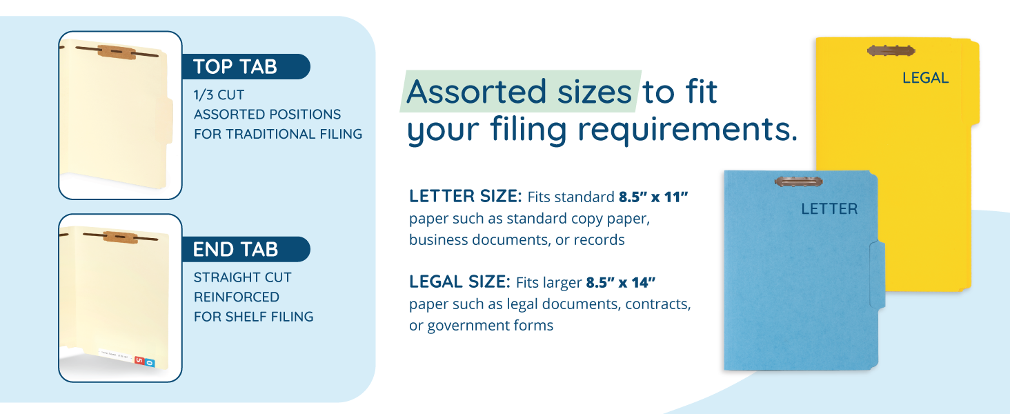 different tab formats and sizes of fastener file folders