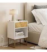 Masupu Night Stand with Charging Station,Modern Nightstand Boho Farmhouse Wood Bedside Table with...