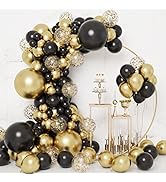 RUBFAC 133pcs Black and Gold Balloons Garland Arch Kit, Black Metal Gold and Metallic Confetti Go...