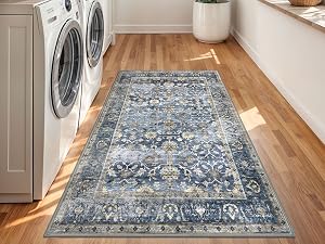 Floral Distressed Print Blue Beige Area Runner Rug