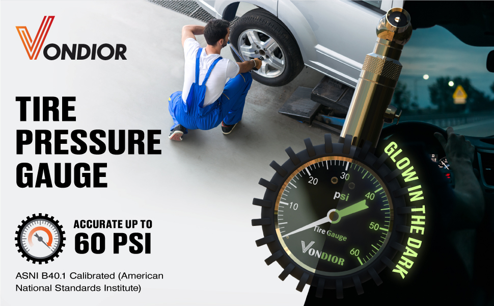 Tire Pressure Gauge accurate up to 60 PSI and numbers glow in the dark.