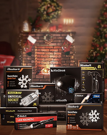 a christmas gift set with a christmas tree in the background.