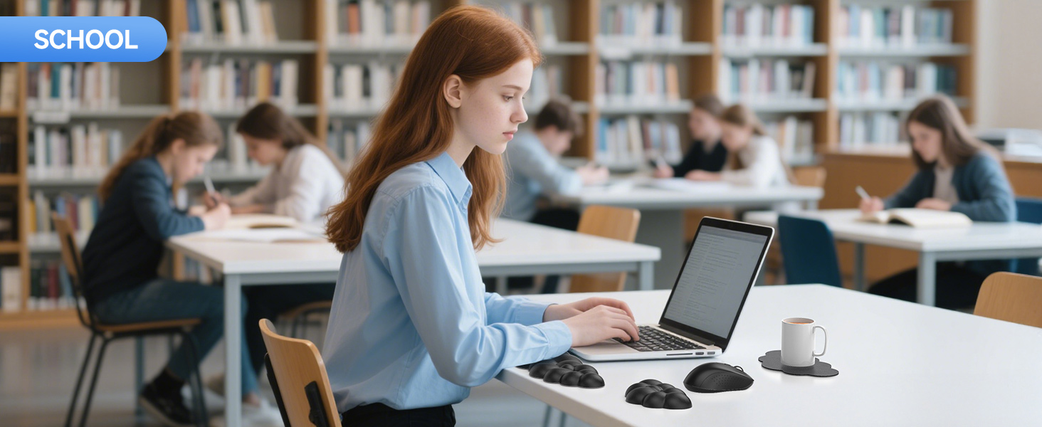 Student using laptop with ergonomic mouse and wrist rest in library. White desk setup includes coffee cup. Other students visible in background.