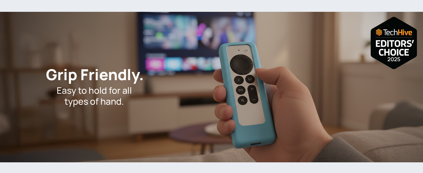 Hand holding Siri Remote with GripStand case, easy to grip and use in living room setting
