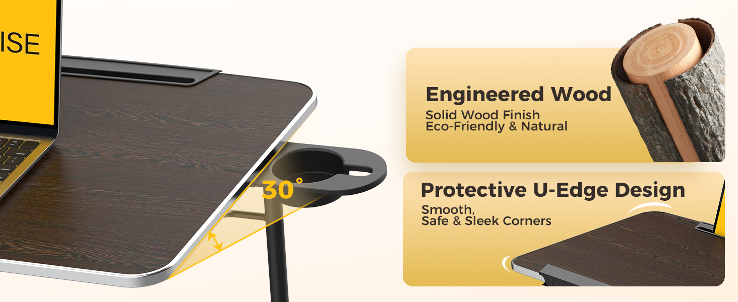 Close-up of tilting folding laptop table with smooth edge and engineered wood top.