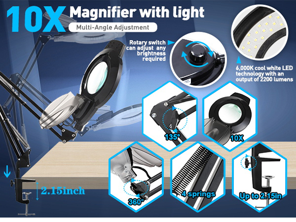 10X Magnifying Glass with Light and Clamp
