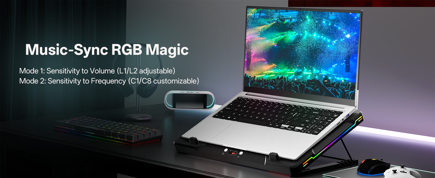 The laptop cooling pad&amp;#39;s RGB lights flash with music, showcasing its music-sync lighting effect.