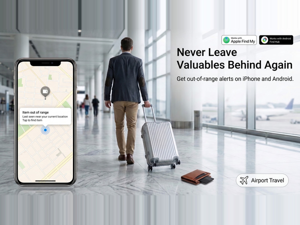Airport travel scene showing a tracker tag triggering an out-of-range alert on a smartphone.
