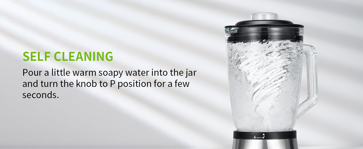 Blender jar filled with soapy water demonstrating self-cleaning feature. Instructions state to pour warm soapy water and turn knob to P position for cleaning.