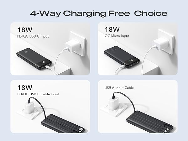 Text reads '4-Way Charging Free Choice', '18W', 'QC Dart Charger', 'DC Micro Usb', '18W', 'USB-C Rapid Cabie', 'USB A Rapid Cable'. Four black charging device options displayed with specifications and power delivery details.