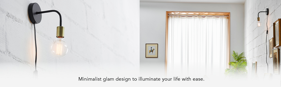 Holden Matte Black and Brass Plug In or Hardwire Wall Sconce Minimalist Glam Design