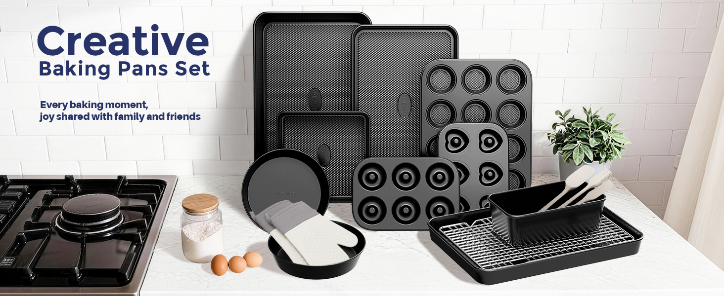 Nonstick Bakeware Set with Donut Pan, Heart Pan &amp;amp; Oven Mitts - Stackable Carbon Steel Pans