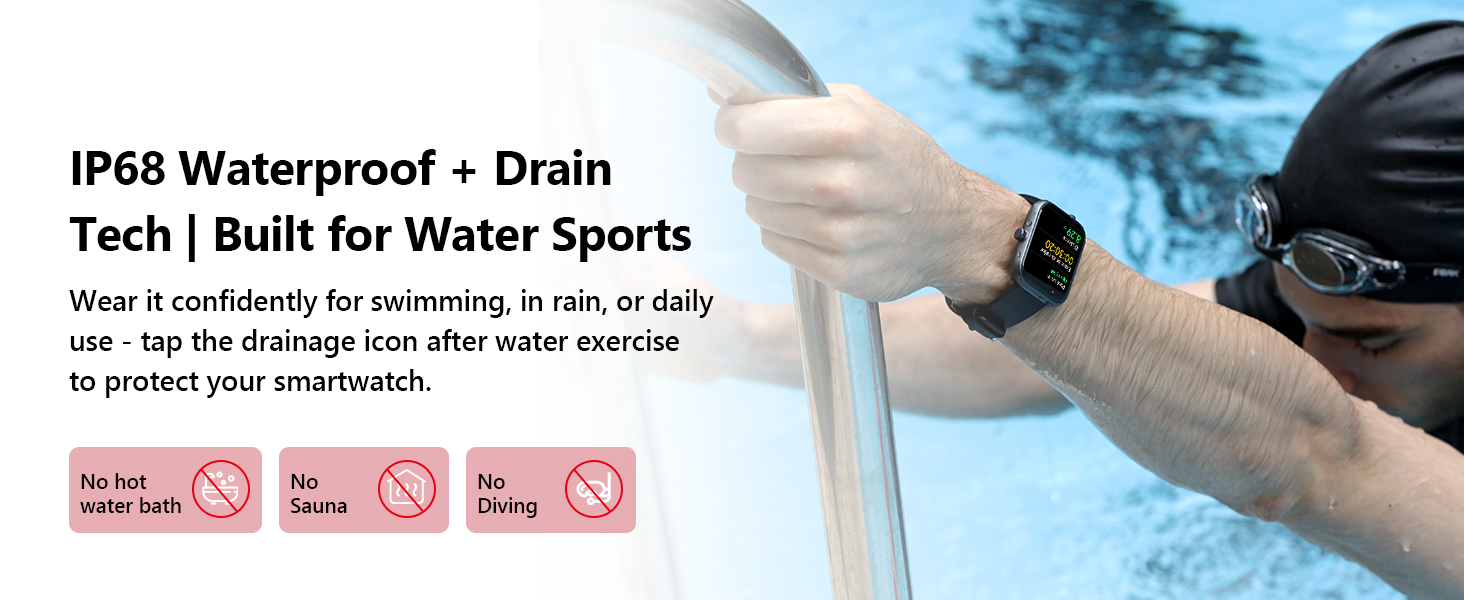 Product demonstration showing 'IP68 Waterproof + Drain Tech' features for water sports use, with icons indicating waterproof capabilities.