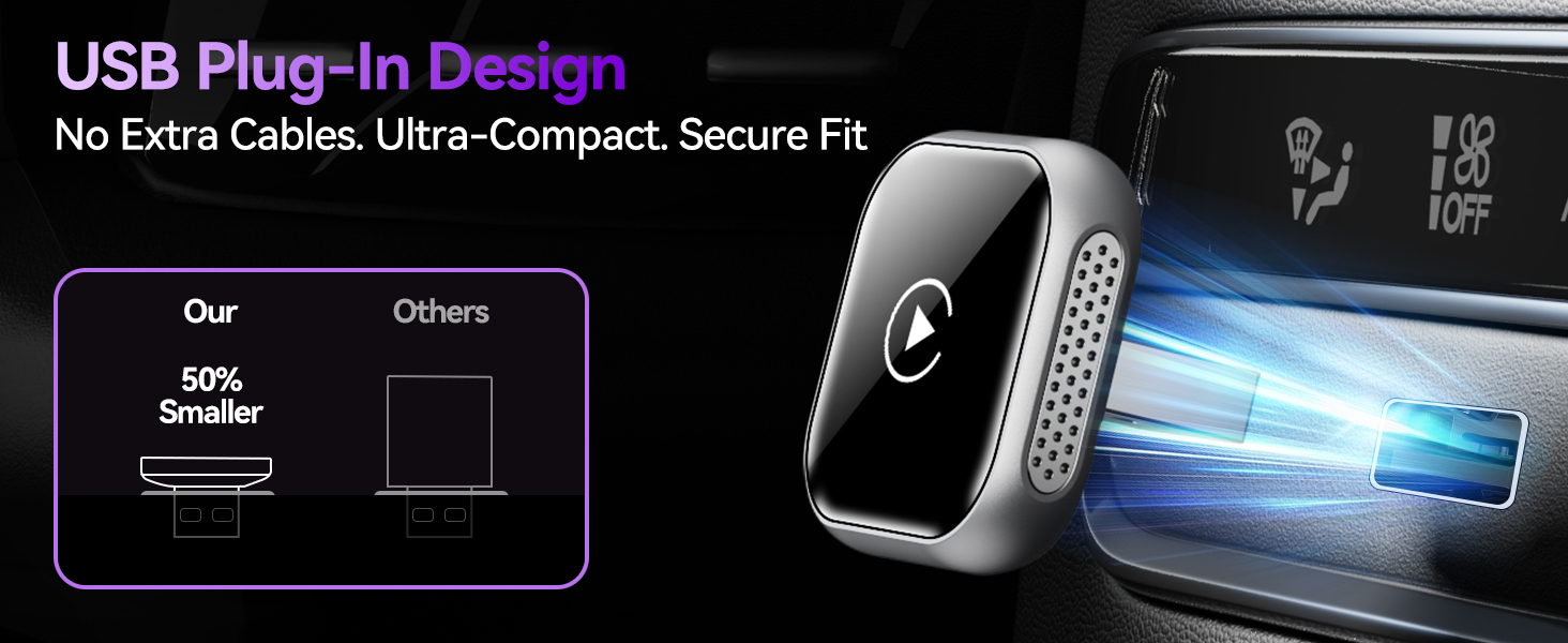 USB plug-in wireless CarPlay adapter compact design with no extra cables