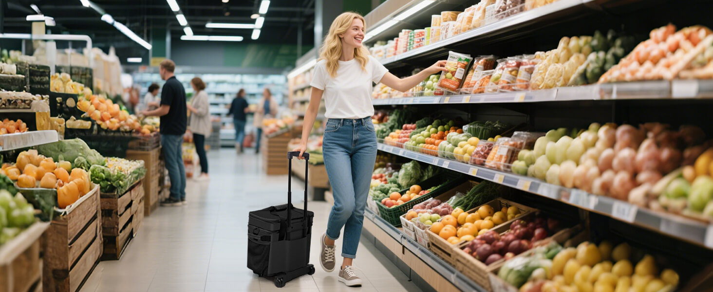 The rolling MIYCOO double layer cooler keeps frozen foods icy cold on the trip home.