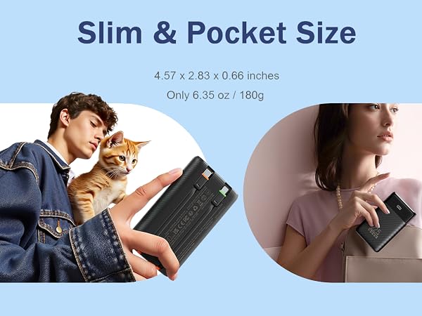 Slim Portable Charger, Pocket Size, Weighing 6.35 oz/180g, measuring 4.57 x 2.83 x 0.66 inches.