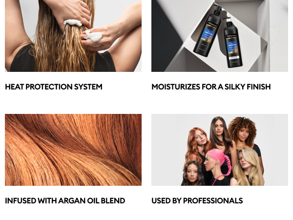 Hands lathering hair, TreSemmé bottles, radiant hair close-up, &amp; diverse models with bold styles.
