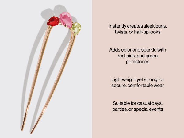 Kitsch Metal Gemstone French Hair Pin - Red, Pink &amp;amp; Green