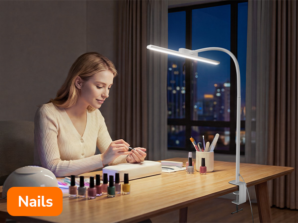 Text reads 'Nails', 'Vibrant Prints, Endless Styles', 'Your Story, Your Case!'. Multiple images showing nail care process at desk with various nail polish bottles.
