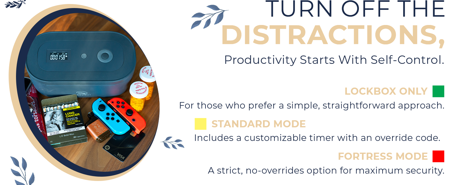 Habit control lock box for creating healthy routines, limiting phone use, and boosting productivity.