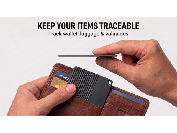 Slim wallet tracker and anti-loss locator for wallets, luggage, and valuables.