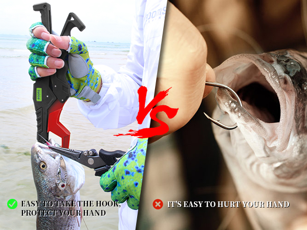 Split image comparing fish handling gloves: left shows safe grip on fish, right shows bare hand with hook injury. Text highlights safety benefits of gloves.