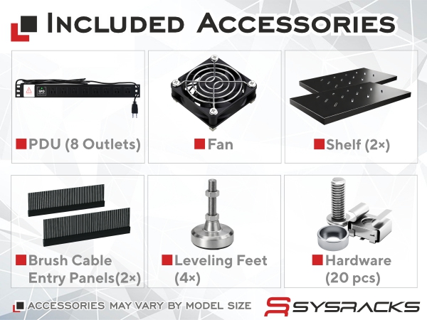 Server rack accessories displayed - PDU, FAN,vented steel shelf, leveling feet, hardware