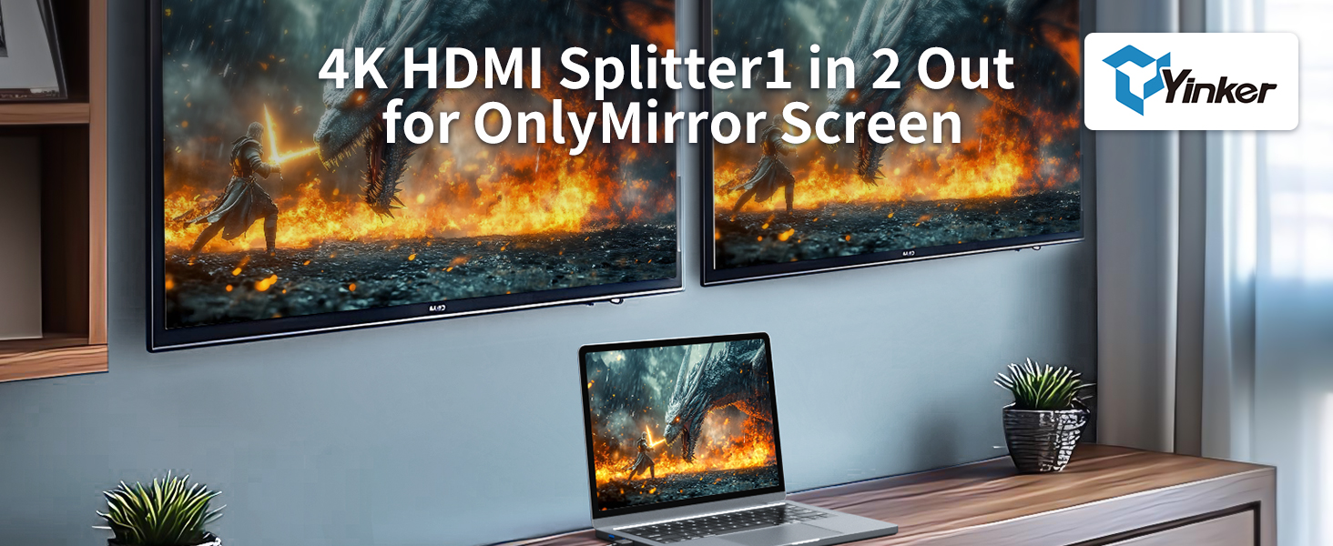 Yinker 4K HDMI Splitter 1 in 2 Out with 5 Ft HDMI 2.0 Cable