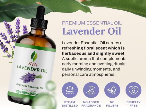 SVA Lavender essential oils is steam distilled and has a sweet floral aroma useful for aromatherapy